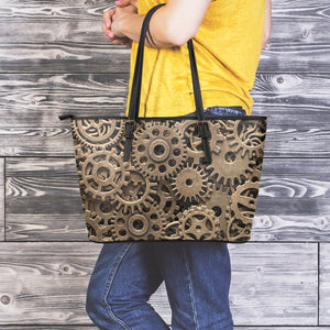 Steampunk Brass Gears And Cogs Print Leather Tote Bag
