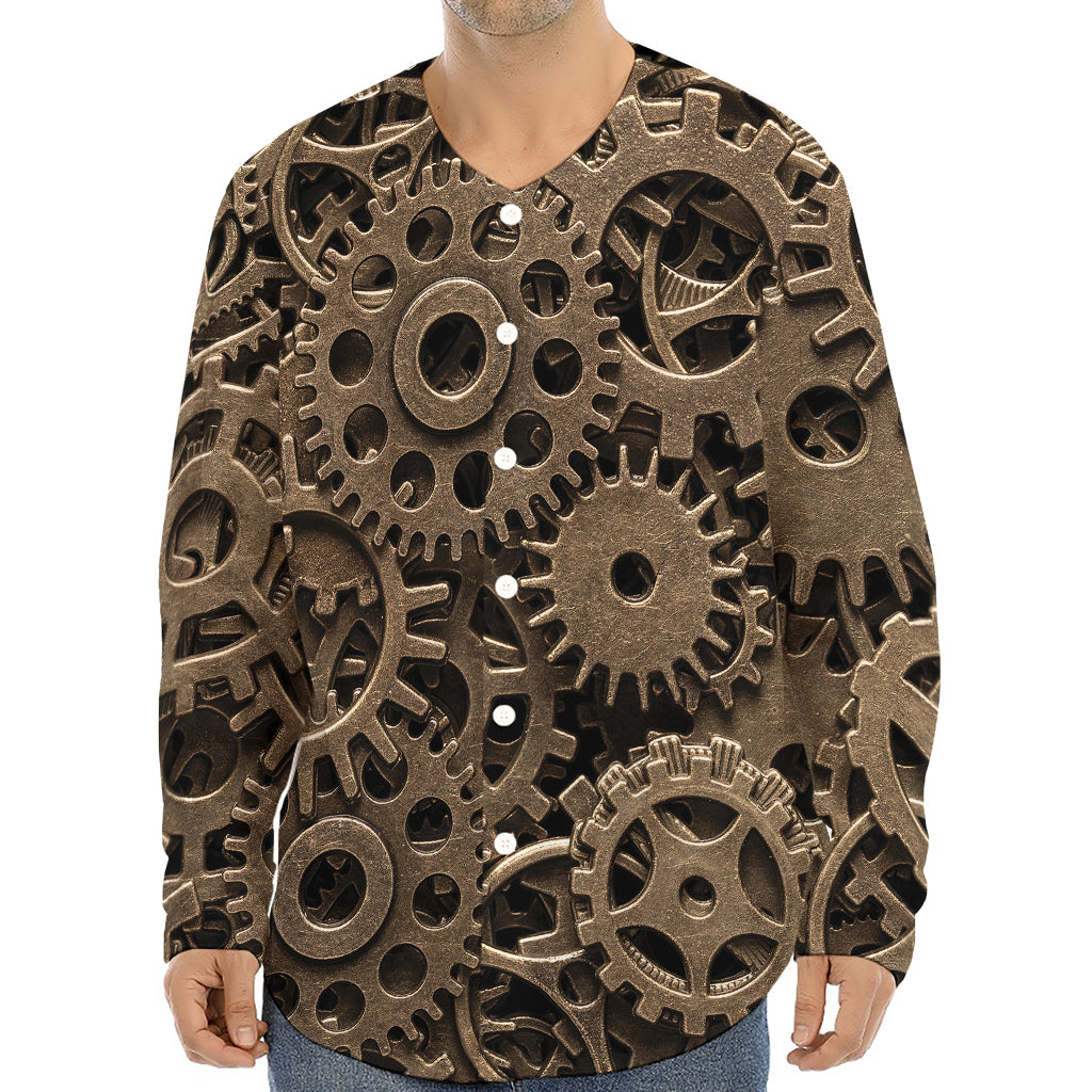 Steampunk Brass Gears And Cogs Print Long Sleeve Baseball Jersey