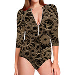 Steampunk Brass Gears And Cogs Print Long Sleeve Swimsuit