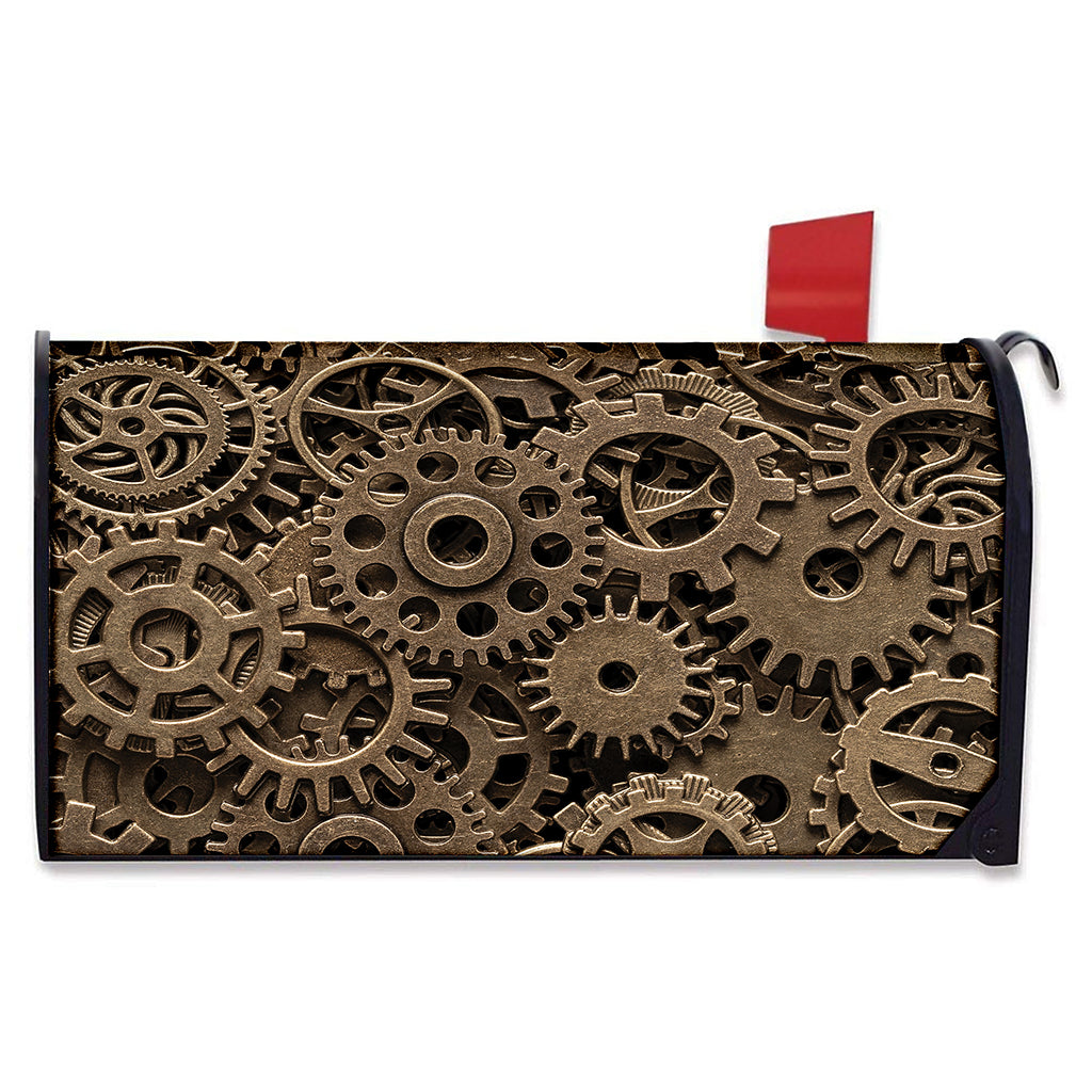 Steampunk Brass Gears And Cogs Print Mailbox Cover