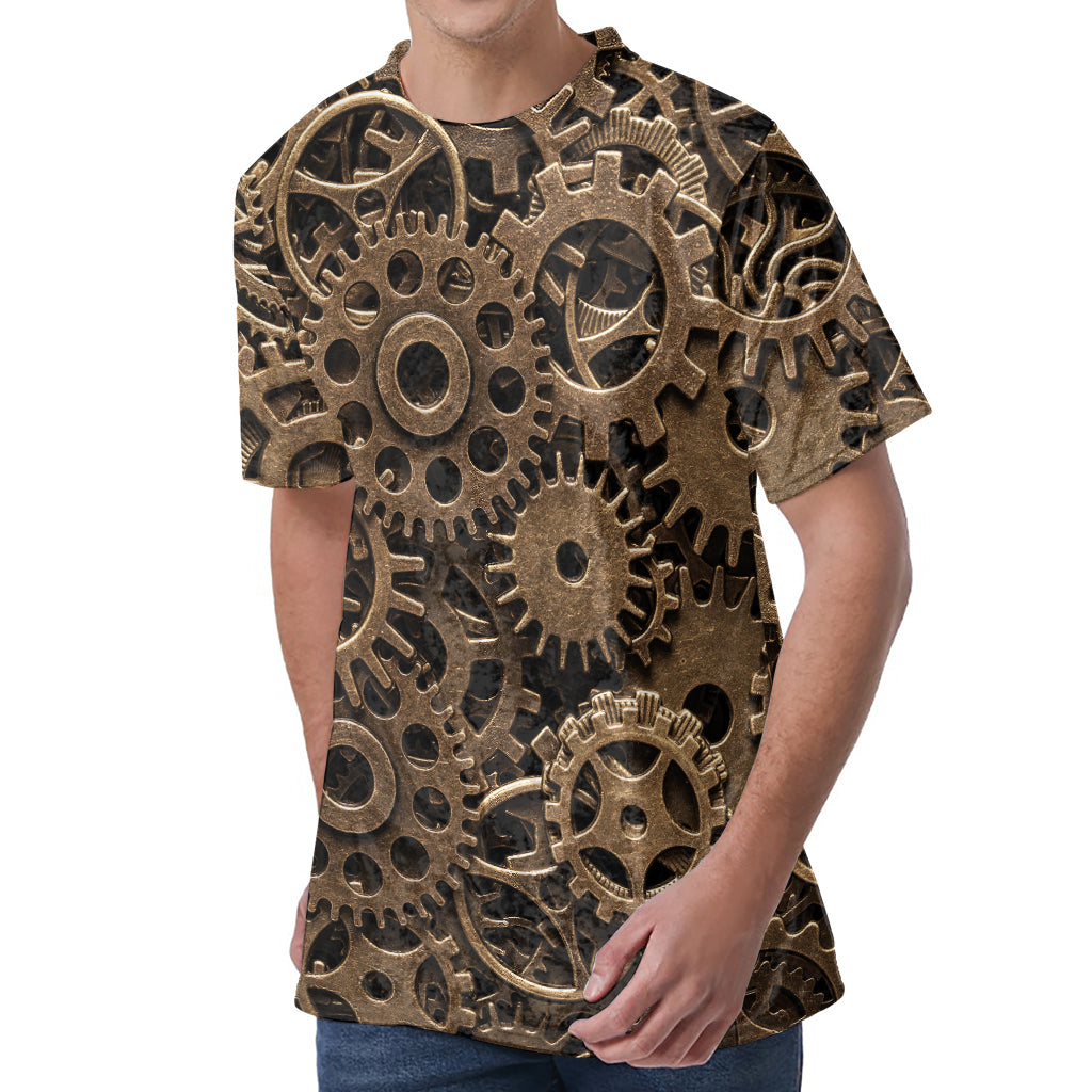 Steampunk Brass Gears And Cogs Print Men's Velvet T-Shirt