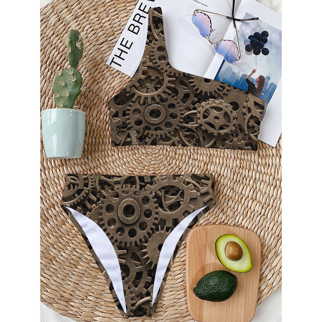 Steampunk Brass Gears And Cogs Print One Shoulder Bikini Top