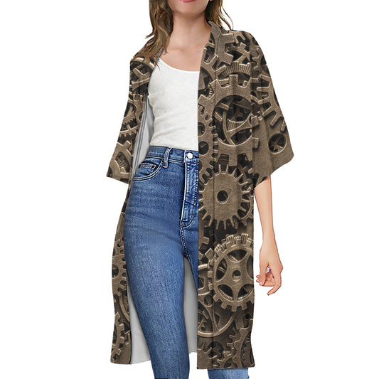 Steampunk Brass Gears And Cogs Print Open Front Beach Cover Up