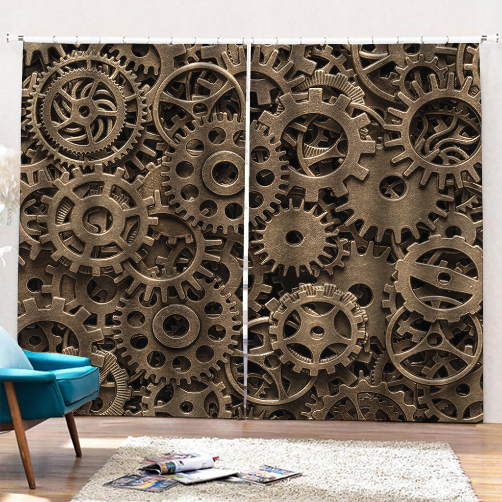 Steampunk Brass Gears And Cogs Print Pencil Pleat Curtains