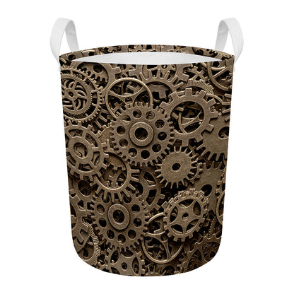 Steampunk Brass Gears And Cogs Print Round Laundry Basket