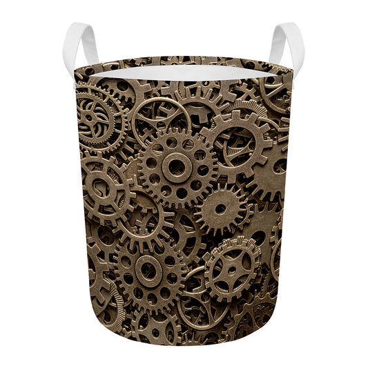 Steampunk Brass Gears And Cogs Print Round Laundry Basket