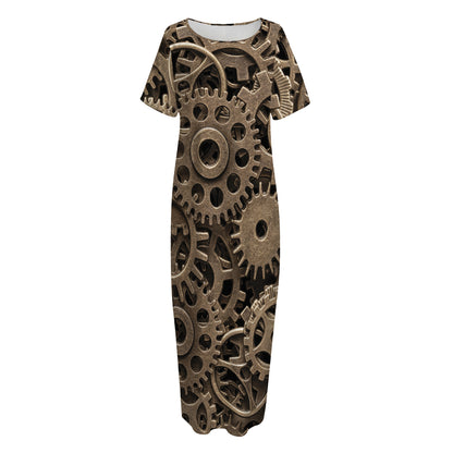 Steampunk Brass Gears And Cogs Print Short Sleeve Long Nightdress