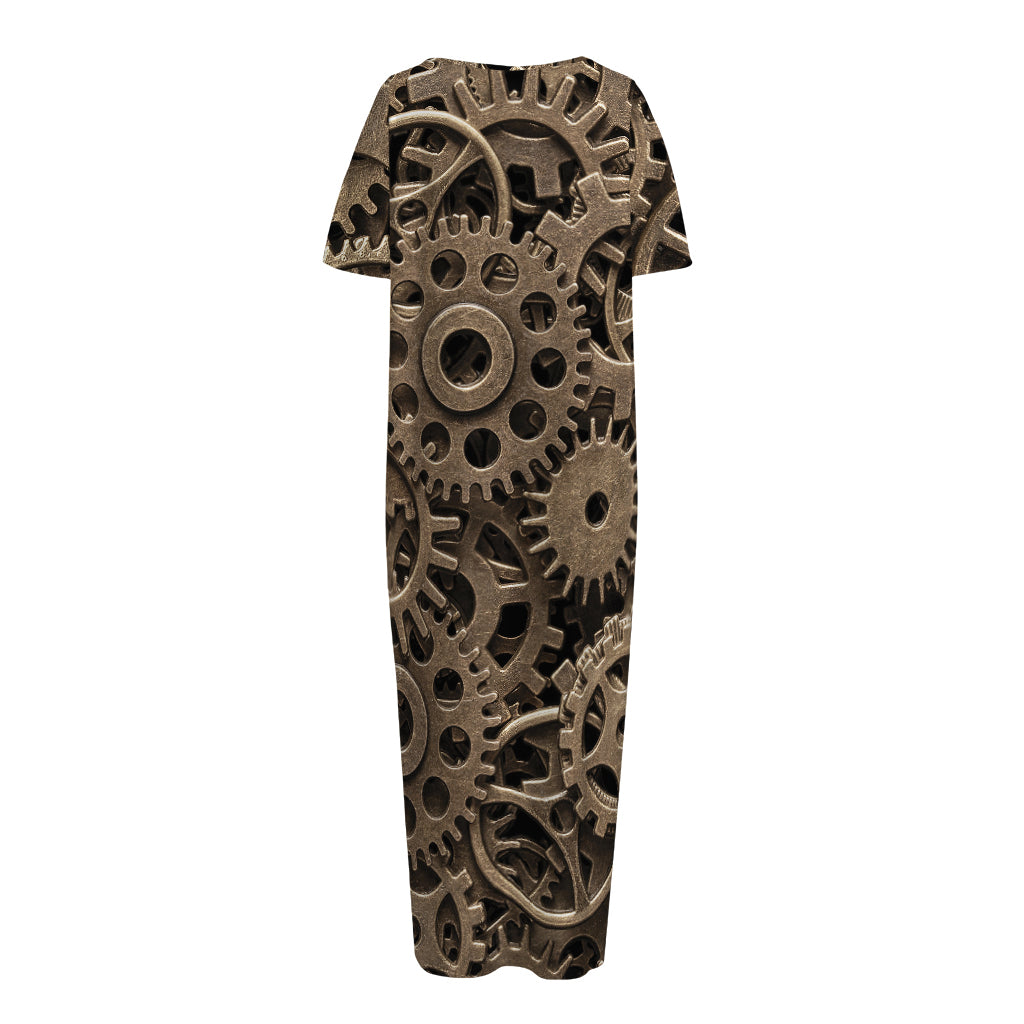 Steampunk Brass Gears And Cogs Print Short Sleeve Long Nightdress