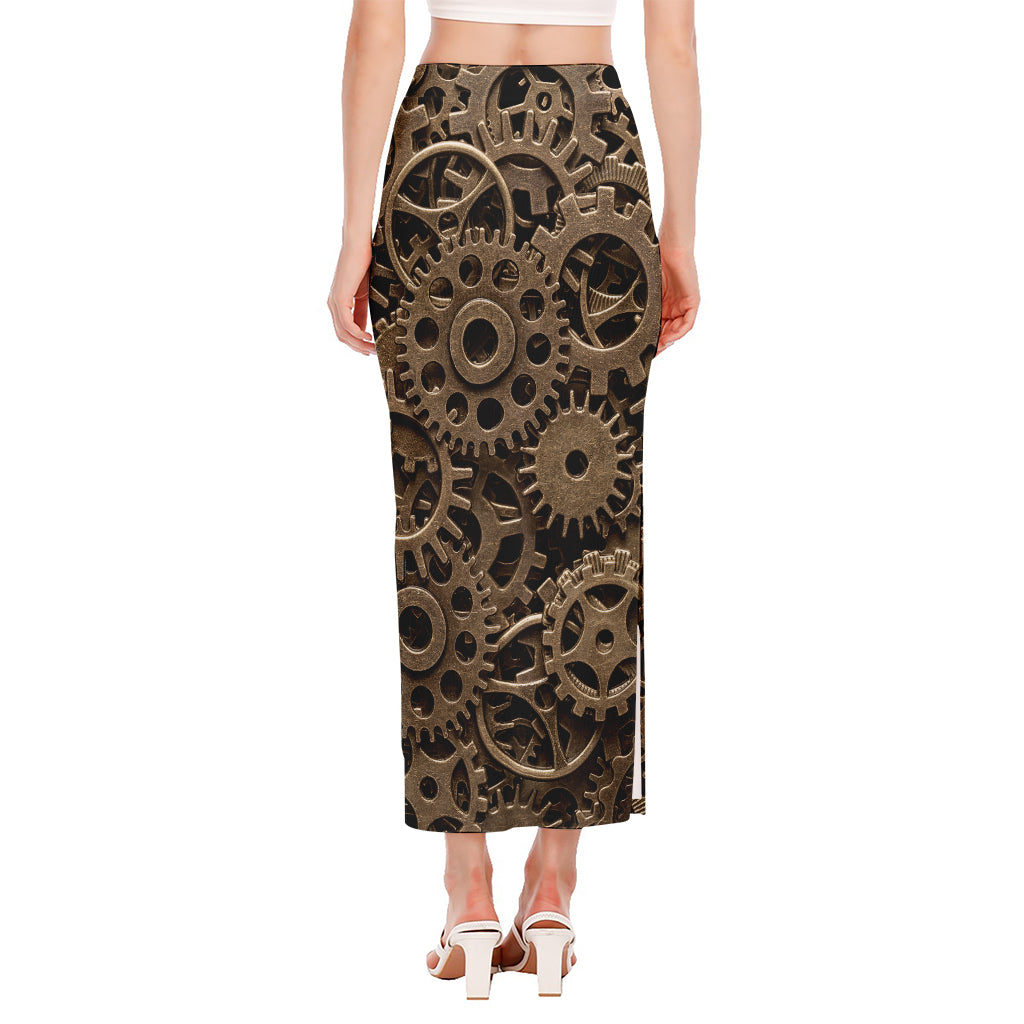 Steampunk Brass Gears And Cogs Print Side Slit Maxi Skirt