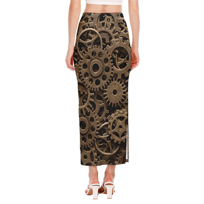Steampunk Brass Gears And Cogs Print Side Slit Maxi Skirt