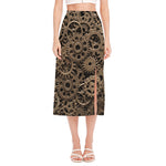 Steampunk Brass Gears And Cogs Print Side Slit Midi Skirt
