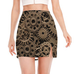 Steampunk Brass Gears And Cogs Print Side Slit Mini Skirt