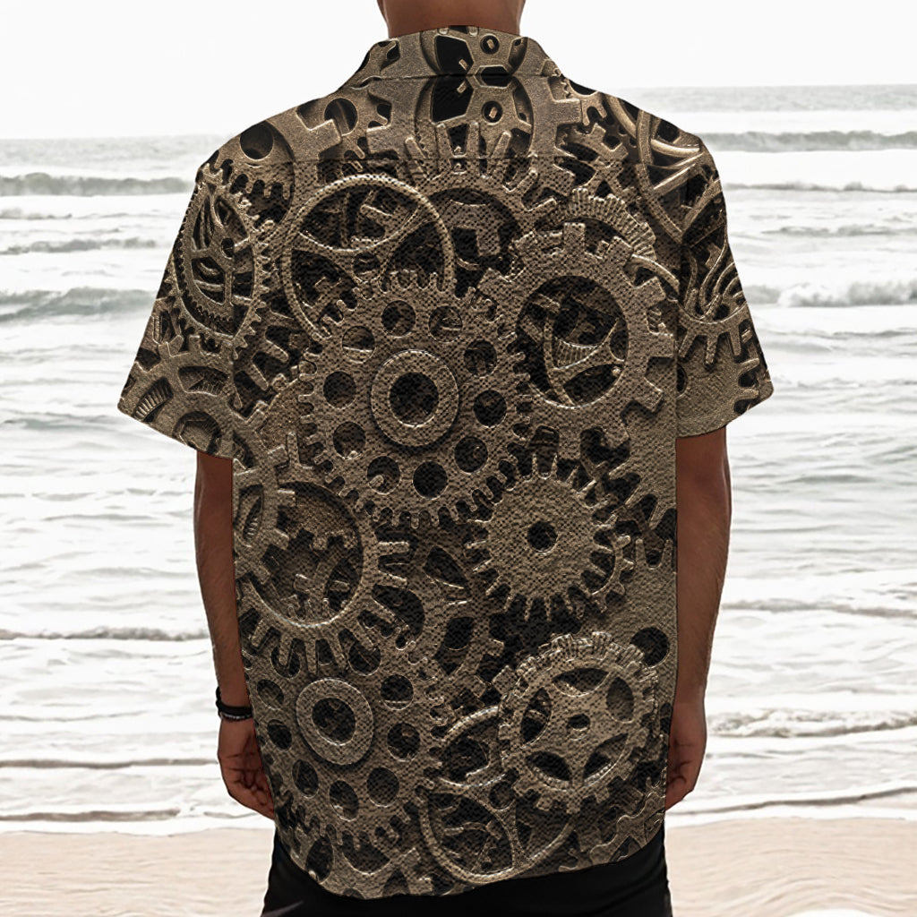 Steampunk Brass Gears And Cogs Print Textured Short Sleeve Shirt