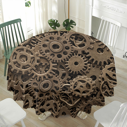 Steampunk Brass Gears And Cogs Print Waterproof Round Tablecloth