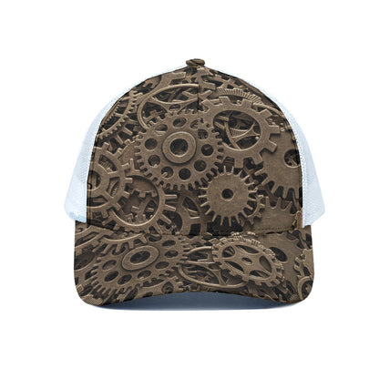 Steampunk Brass Gears And Cogs Print White Mesh Trucker Cap