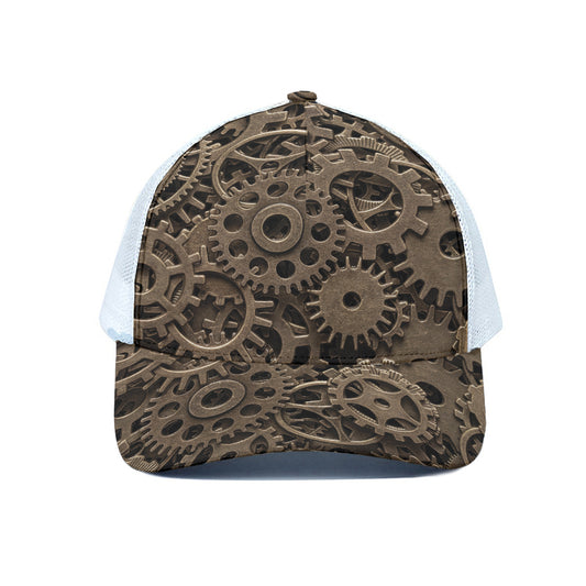 Steampunk Brass Gears And Cogs Print White Mesh Trucker Cap