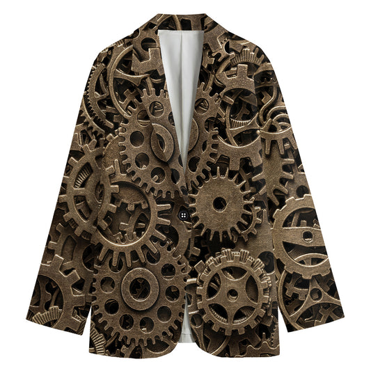 Steampunk Brass Gears And Cogs Print Women's Cotton Blazer