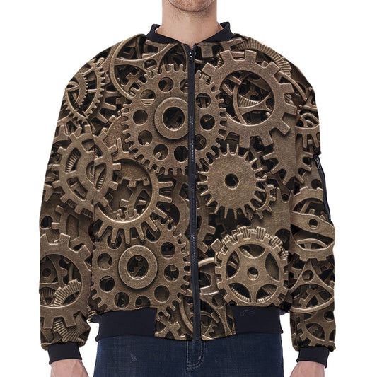 Steampunk Brass Gears And Cogs Print Zip Sleeve Bomber Jacket