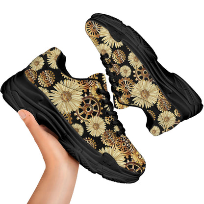 Steampunk Chamomile Pattern Print Black Chunky Shoes