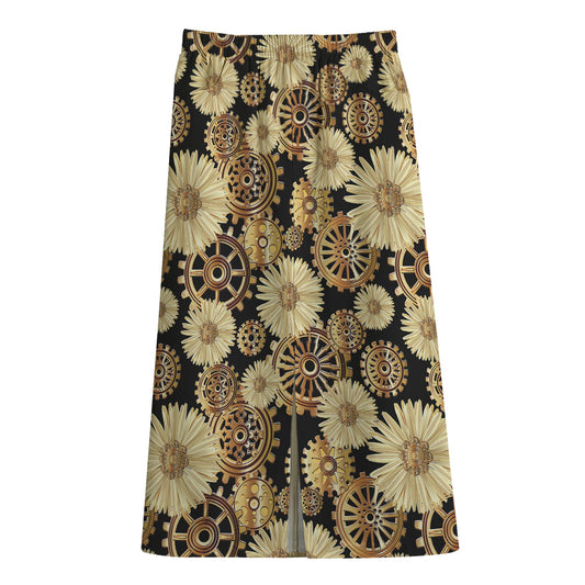 Steampunk Chamomile Pattern Print Cotton Front Slit Maxi Skirt