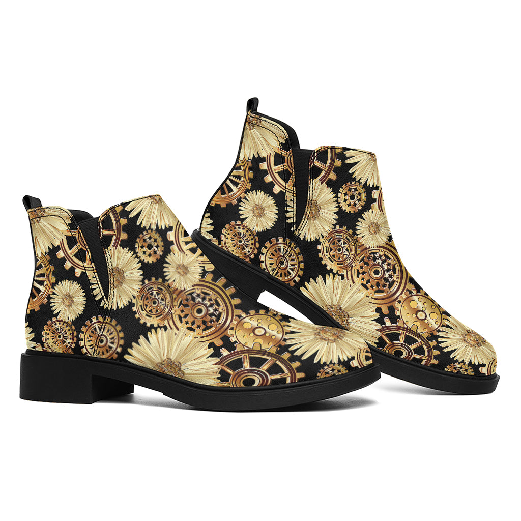 Steampunk Chamomile Pattern Print Flat Ankle Boots