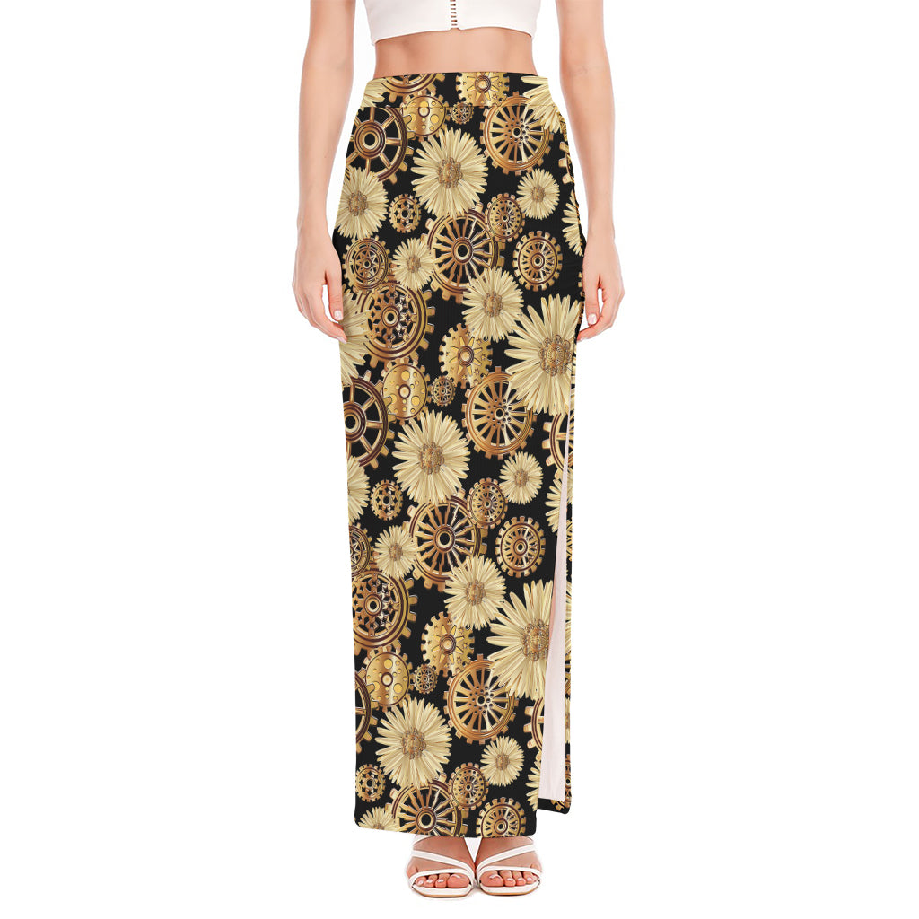 Steampunk Chamomile Pattern Print High Slit Maxi Skirt