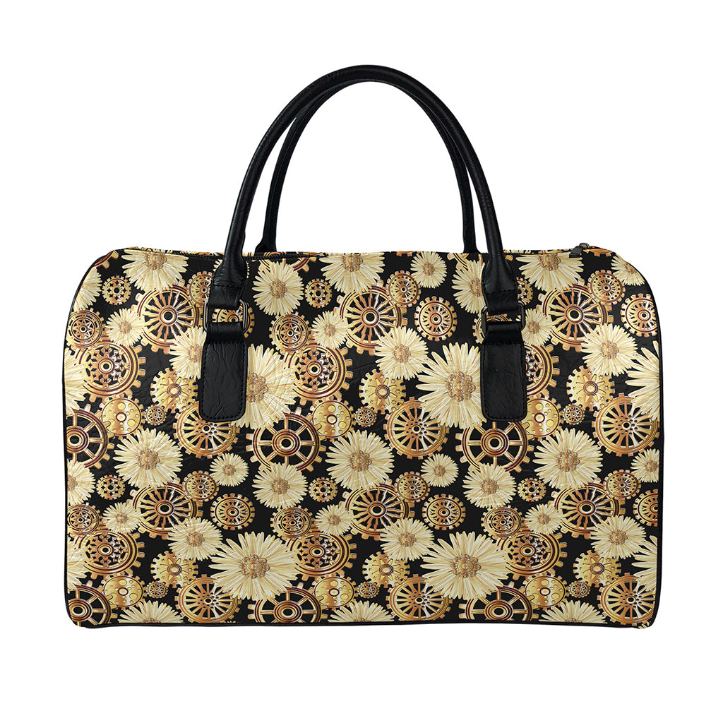 Steampunk Chamomile Pattern Print Leather Duffle Bag