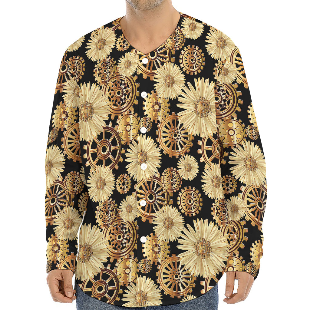 Steampunk Chamomile Pattern Print Long Sleeve Baseball Jersey