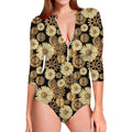 Steampunk Chamomile Pattern Print Long Sleeve Swimsuit