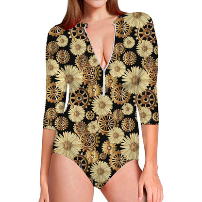 Steampunk Chamomile Pattern Print Long Sleeve Swimsuit