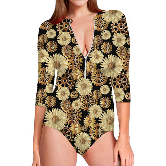 Steampunk Chamomile Pattern Print Long Sleeve Swimsuit