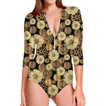 Steampunk Chamomile Pattern Print Long Sleeve Swimsuit