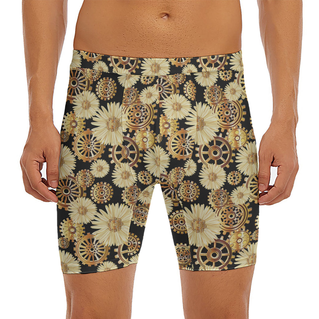 Steampunk Chamomile Pattern Print Men's Long Boxer Briefs