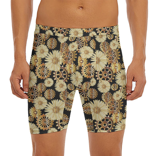 Steampunk Chamomile Pattern Print Men's Long Boxer Briefs