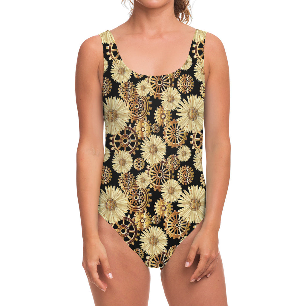 Steampunk Chamomile Pattern Print One Piece Swimsuit