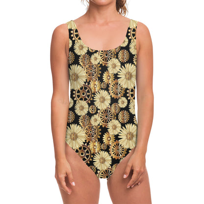 Steampunk Chamomile Pattern Print One Piece Swimsuit
