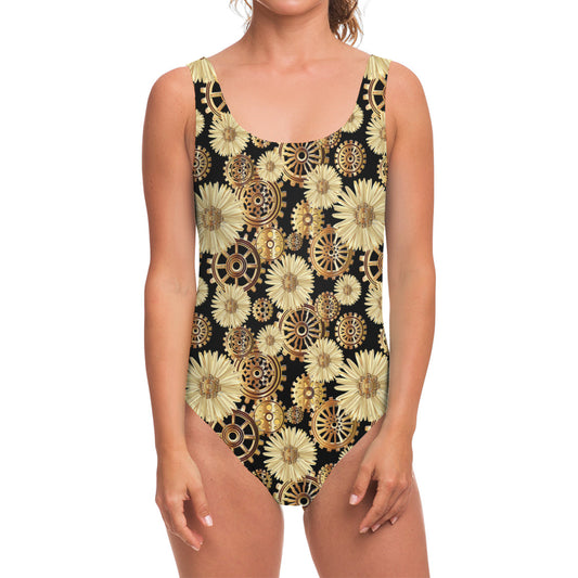 Steampunk Chamomile Pattern Print One Piece Swimsuit