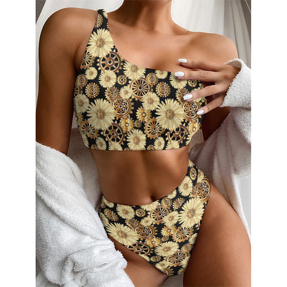 Steampunk Chamomile Pattern Print One Shoulder Bikini Top
