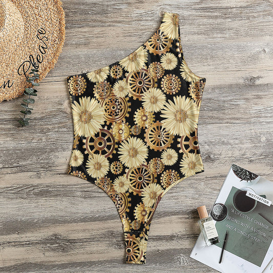 Steampunk Chamomile Pattern Print One Shoulder Bodysuit