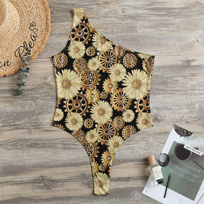 Steampunk Chamomile Pattern Print One Shoulder Bodysuit