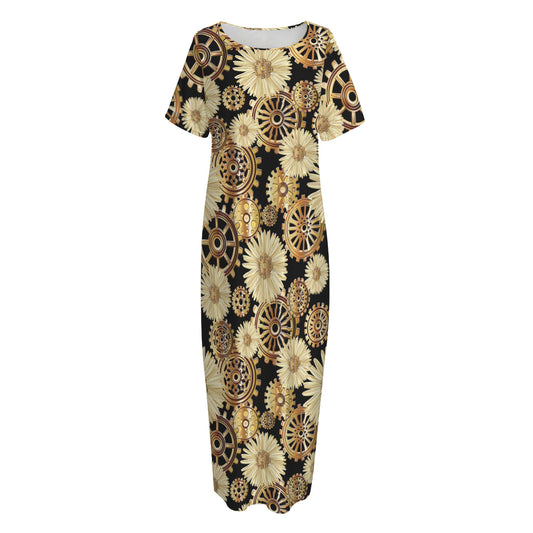 Steampunk Chamomile Pattern Print Short Sleeve Long Nightdress