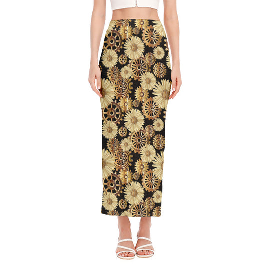 Steampunk Chamomile Pattern Print Side Slit Maxi Skirt