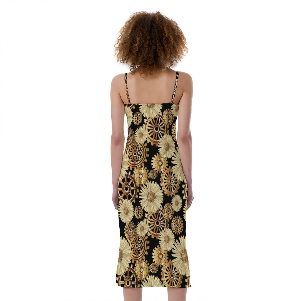 Steampunk Chamomile Pattern Print Slim Fit Midi Cami Dress