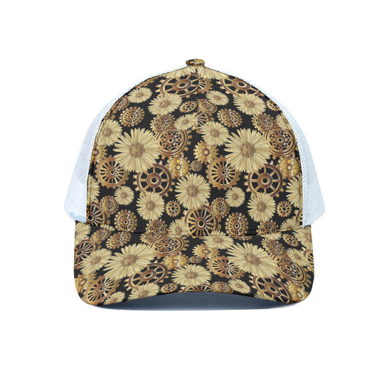 Steampunk Chamomile Pattern Print White Mesh Trucker Cap