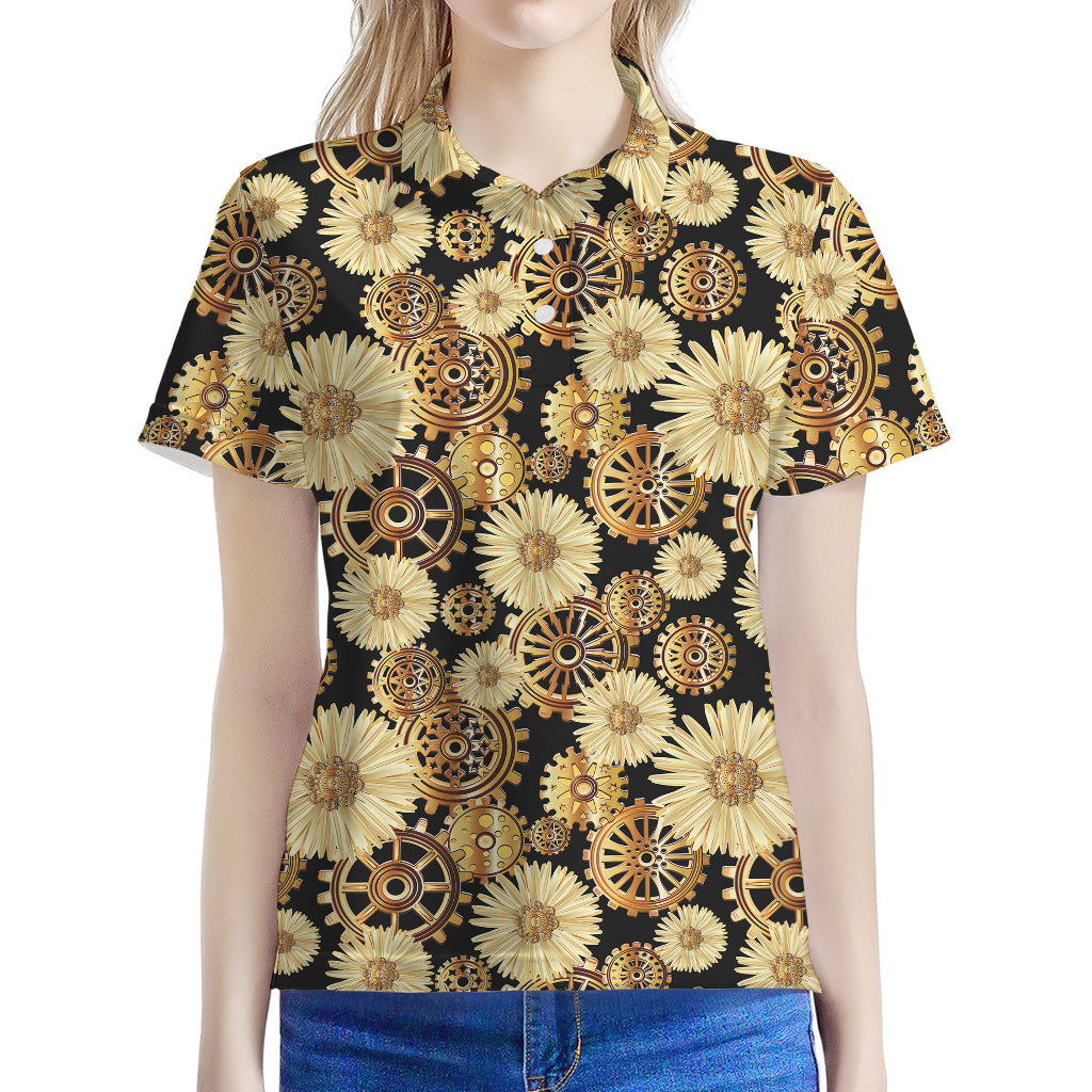 Steampunk Chamomile Pattern Print Women's Polo Shirt