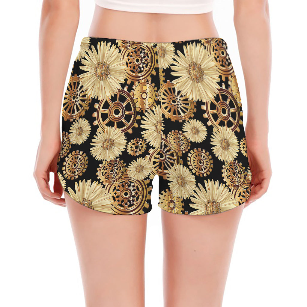 Steampunk Chamomile Pattern Print Women's Split Running Shorts