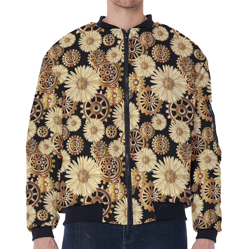 Steampunk Chamomile Pattern Print Zip Sleeve Bomber Jacket
