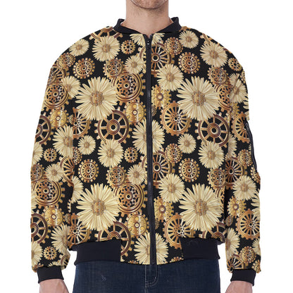 Steampunk Chamomile Pattern Print Zip Sleeve Bomber Jacket