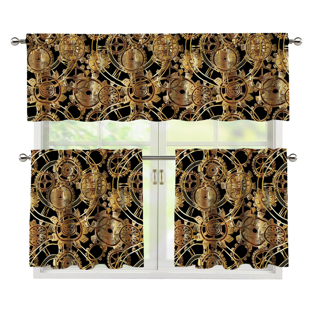 Steampunk Clock Gears Print 3 Piece Kitchen Curtains