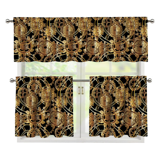 Steampunk Clock Gears Print 3 Piece Kitchen Curtains